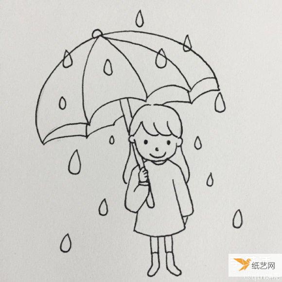 这一幅简笔画当中有一个雨中的小女孩,打着一把雨伞,面部带着笑容,看