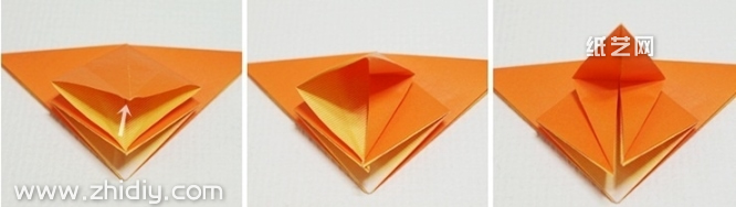 现在制作的将折纸中间的四边形向上拉展开