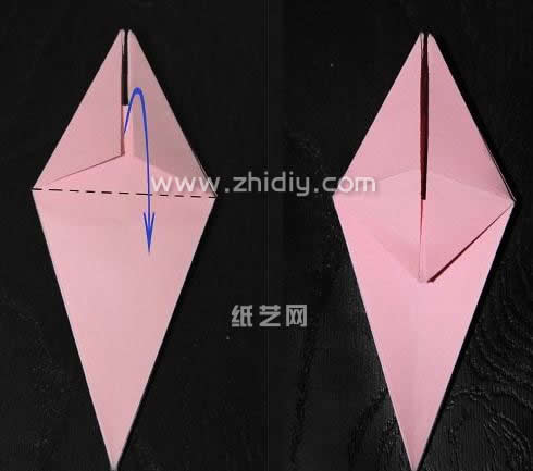 基本的箭头和折痕最终辅助这个手工折纸红百合的制作与成型，帮助完成手工折纸花的制作完成