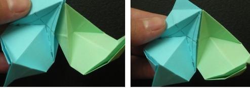 在这里已经开始将两个折纸模块进行组合式的构造来获得纸球花了
