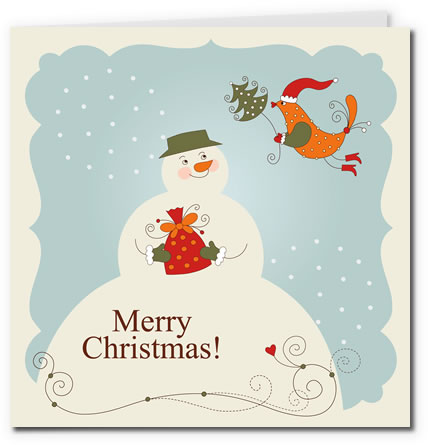 蓝色淡雅的圣诞雪人贺卡有了红色的点缀变得更加的漂亮和艳丽