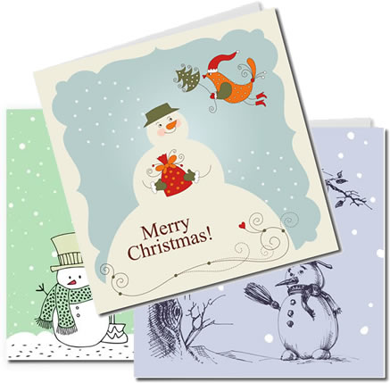 三张非常漂亮的课打印圣诞贺卡模版的主体都是和圣诞雪人相关的
