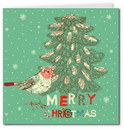 圣诞树和圣诞鸟组成了这个可打印圣诞贺卡