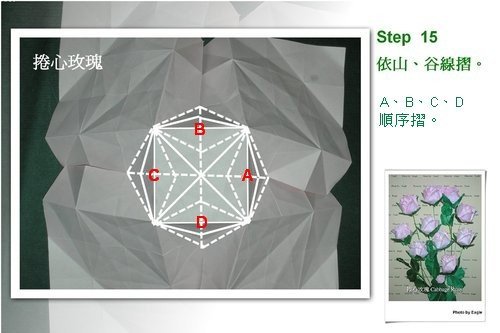 卷心纸玫瑰的基本折纸痕迹制作出来之后就已经出现了我们所需要的那种独特的折纸构造