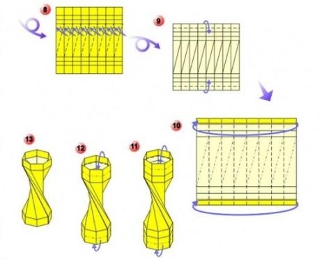 通过预折痕的方式可以将折纸沙漏中间的结构扭曲折叠出来