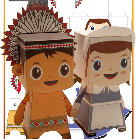感恩节印第安纸模卡通小人纸模型图纸与相应教程