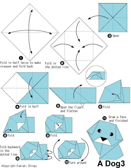 儿童折纸狗狗的基本折法教程展示出可爱的折纸狗是如何制作的