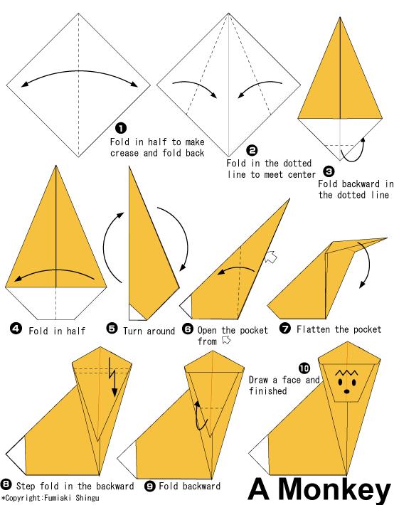 手工折纸小猴子的折纸图解教程展示出儿童折纸的猴子如何制作