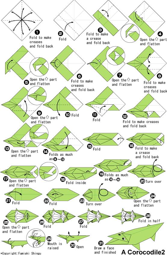 手工折纸鳄鱼的基本折法图解教程展示出折纸鳄鱼是如何制作的
