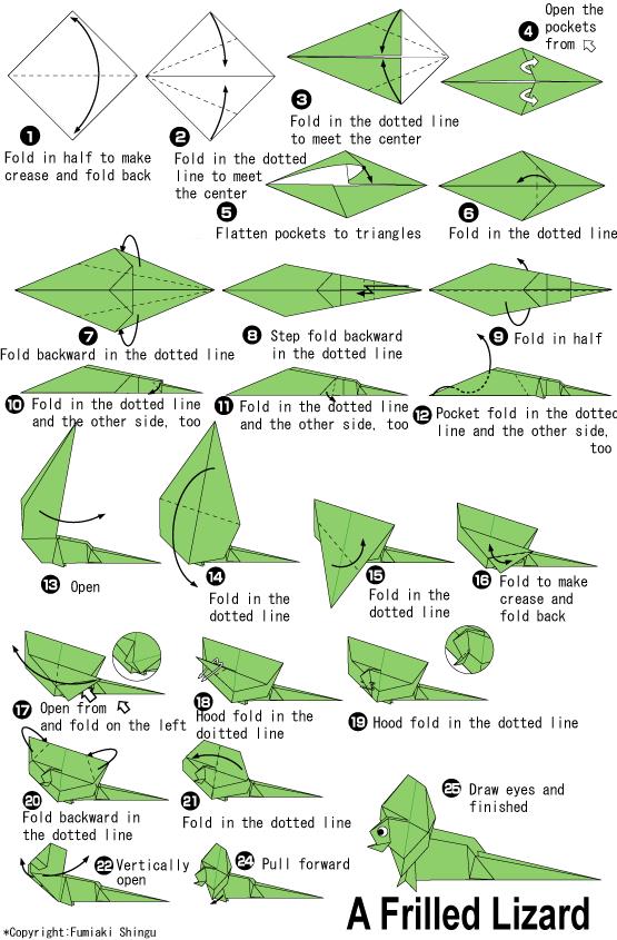 手工折纸伞蜥的基本折法教程展示出如何手工制作伞蜥