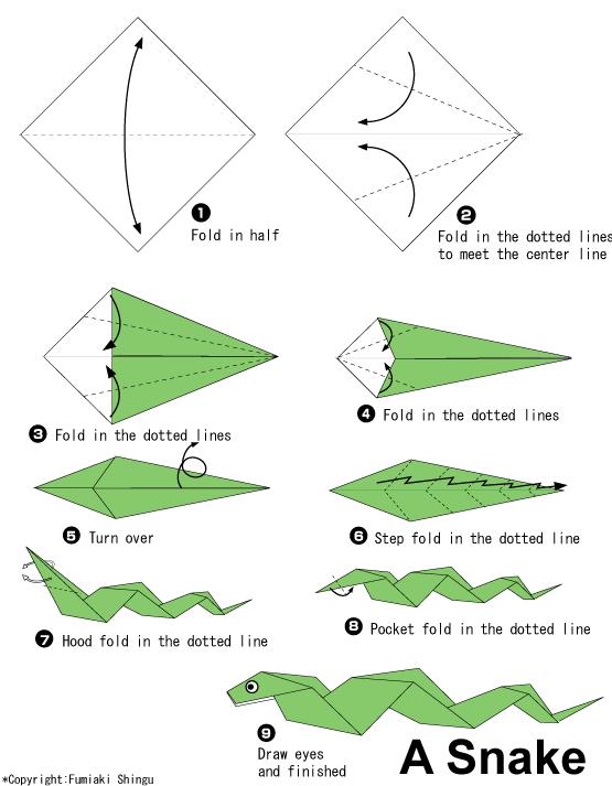 手工折纸蛇的基本折法教程展示出折纸蛇是如何进行制作的