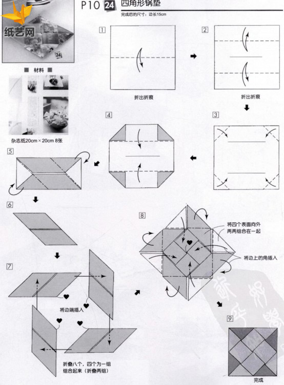 手工折纸四角锅垫的折法教程展示出折纸锅垫如何变废为宝制作