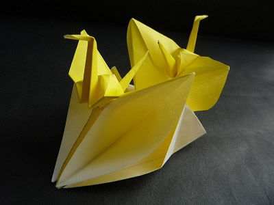 折纸双连千纸鹤的折叠样式制作出的两只折纸千纸鹤是连在一起的