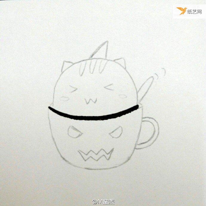 偷偷喝苦咖啡的卡通小猫咪简笔画的画法图片教程