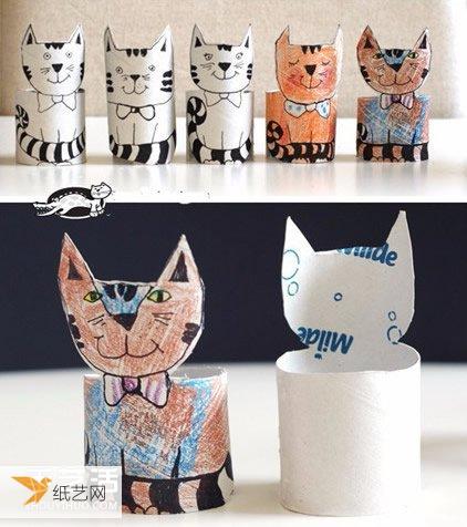 利用卫生纸卷筒手工制作幼儿可爱立体猫咪的教程