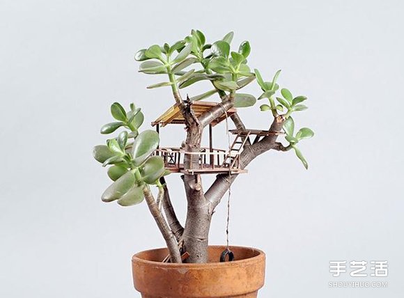 盆栽上面个性精致的小人国般的微型建筑树屋模型