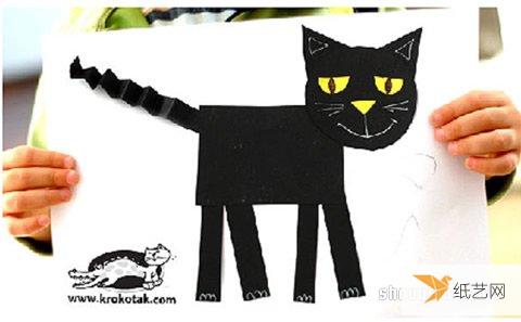 非常简单的剪纸黑猫拼贴画手工制作方法教程