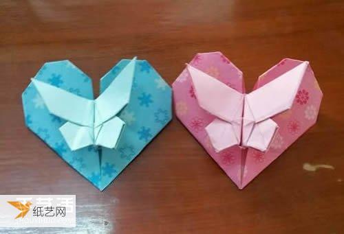 带着蝴蝶心形的可爱折纸作品折叠方法图解