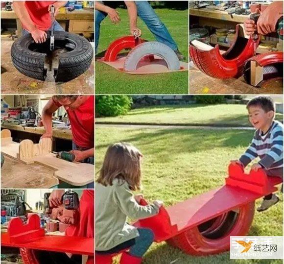 利用废旧轮胎创意手工利用个性的跷跷板和大象玩具