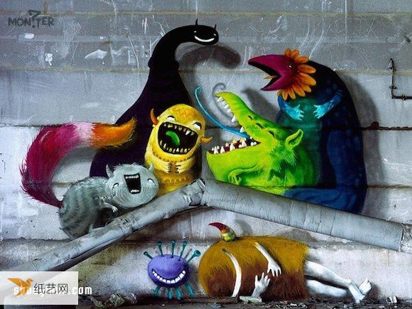 怪兽并不可怕的可爱的废弃仓库怪兽涂鸦艺术