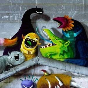 怪兽并不可怕的可爱的废弃仓库怪兽涂鸦艺术