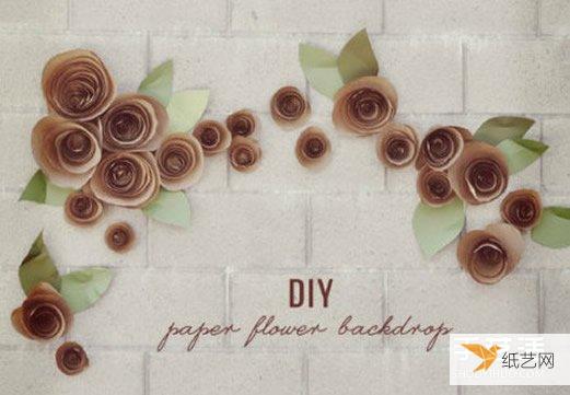利用牛皮纸剪纸制作的可以作为漂亮墙饰的玫瑰花的教程