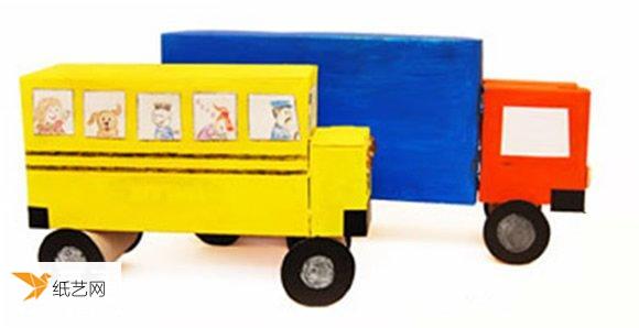 找一些纸盒制作货车公交车和消防车的步骤图片