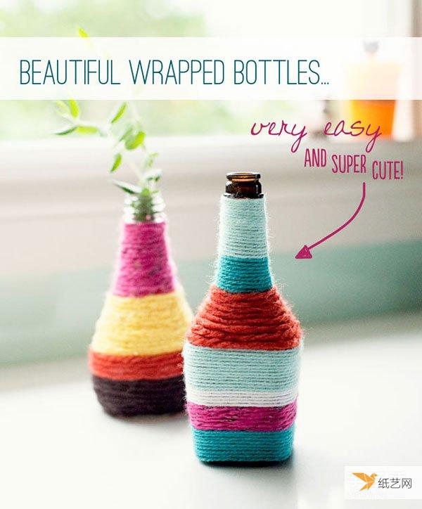 使用毛线绕线手工制作个性的酒瓶花瓶