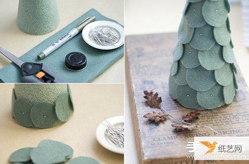 利用海绵和毛毡布手工制作而成的迷你装饰圣诞树