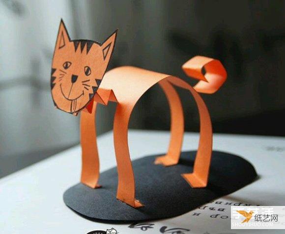 很简单的站立的幼儿立体剪纸猫咪的做法步骤