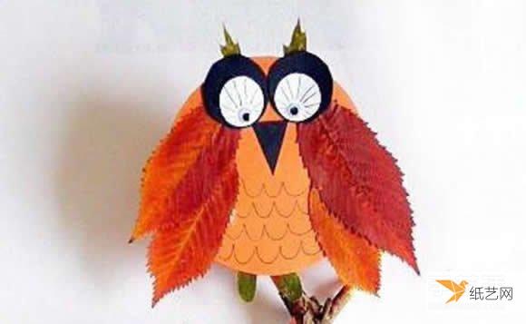 简单又可爱的幼儿猫头鹰树叶贴画的制作方法