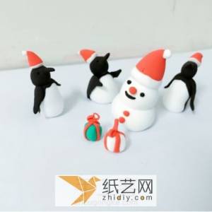圣诞节粘土企鹅和粘土小礼物的手工图解制作教程