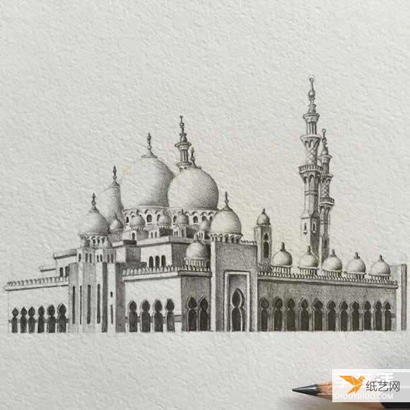 感受清真寺的庄严华丽 非常细腻的建筑铅笔素描