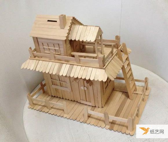使用雪糕棒搭建起来的个性两层楼房屋模型制作教程