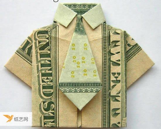 使用美元折纸折叠自带可爱小领带的短袖T恤的图解教程