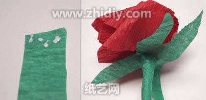 注意绿色纸玫瑰花萼制作中对于白胶的把握