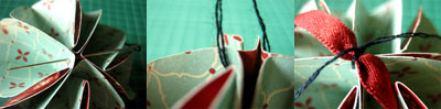 扎上丝带和绳子的目的是让这个圣诞节折纸小球能够悬挂起来