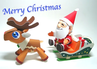 【纸模型】圣诞驯鹿、圣诞老人和雪橇纸模型免费下载与教程