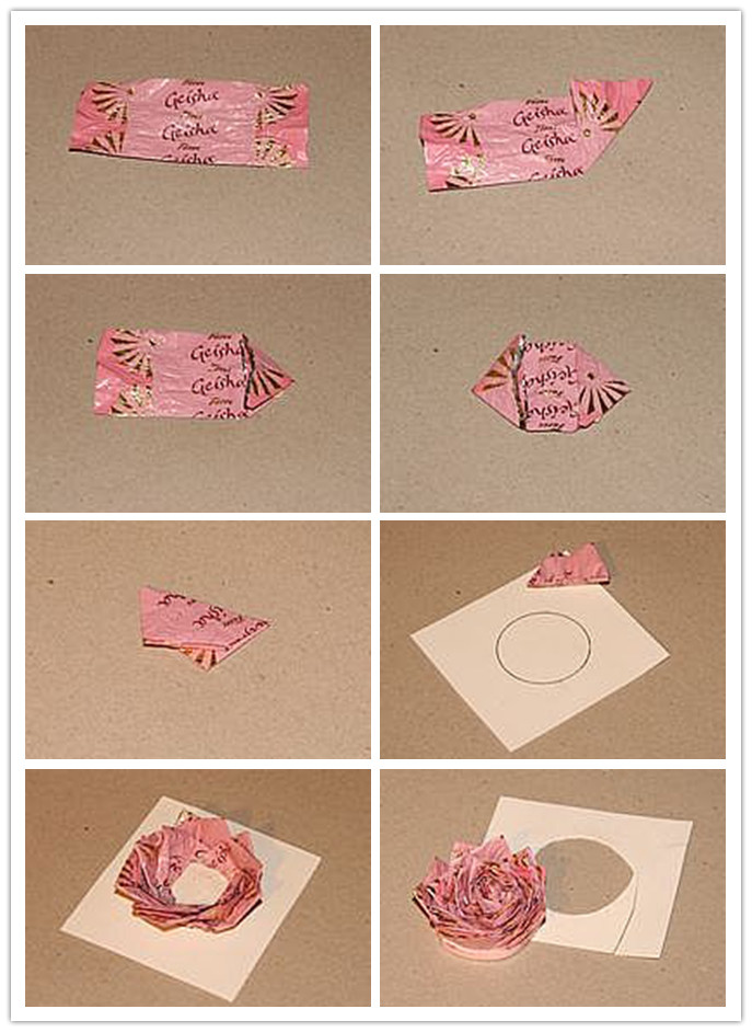 简单清楚的折叠步骤一步一步的指导你完成精美的糖纸干玫瑰花的制作