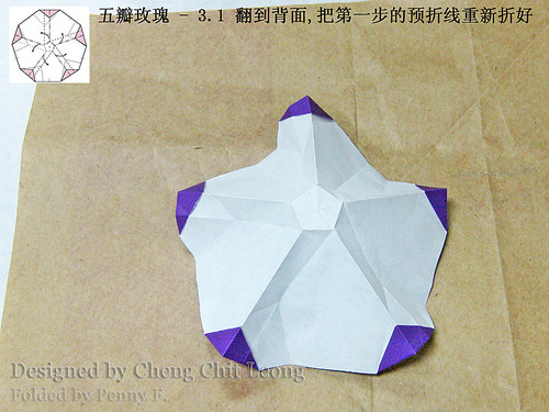 折纸图谱中也有关于五瓣折纸玫瑰花的基本折法的教程可以给大家进行参考