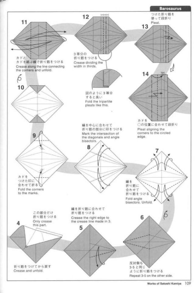 手工折纸巴洛龙的基本折法图解教程一步一步的教你完成漂亮的折纸恐龙制作