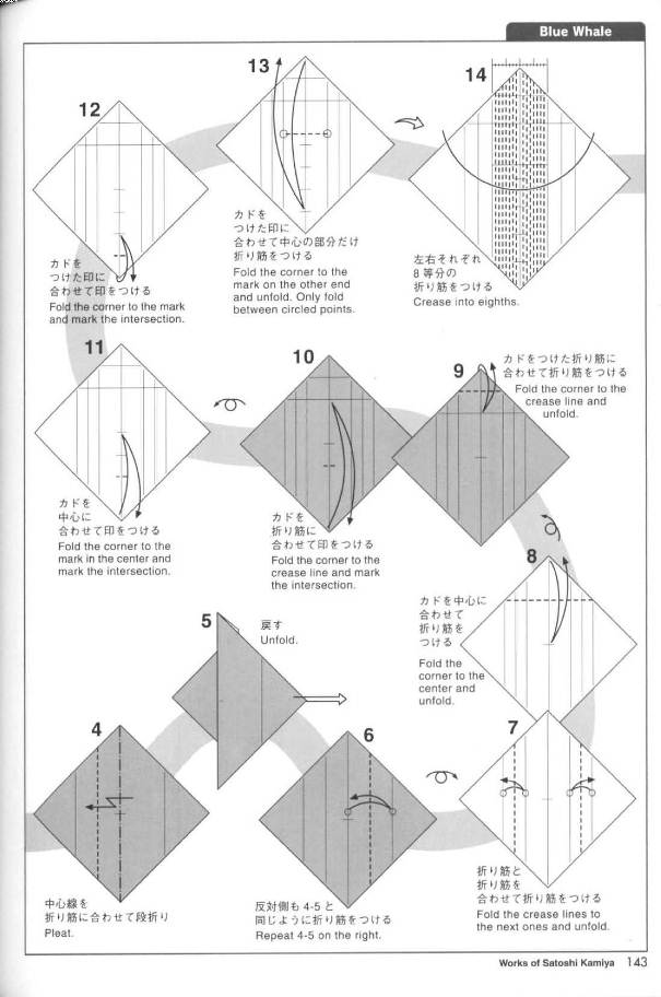 图解折纸蓝鲸的基本折法图解教程展现出的是构型独特的折纸蓝鲸
