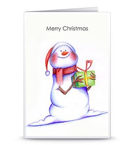 圣诞贺卡之圣诞雪人送礼物可打印圣诞手工贺卡免费模板下载