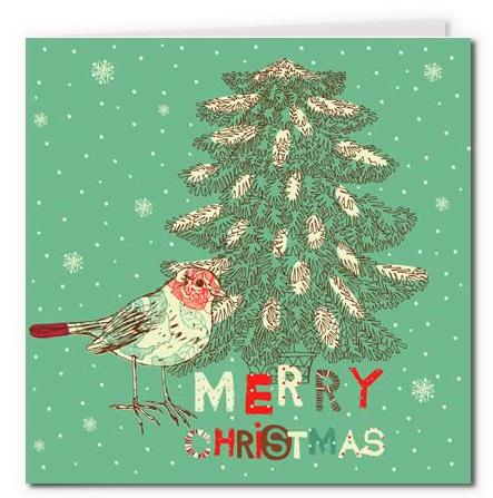 圣诞贺卡图片设计之古典圣诞树和圣诞鸟贺卡制作模版免费下载