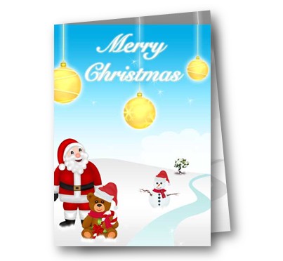 圣诞老人和圣诞泰迪熊、圣诞雪人一起给大家送圣诞礼物的贺卡