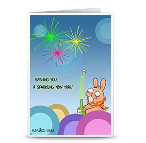 新年贺卡手工制作大全之卡通兔烟花可打印贺卡制作免费下载