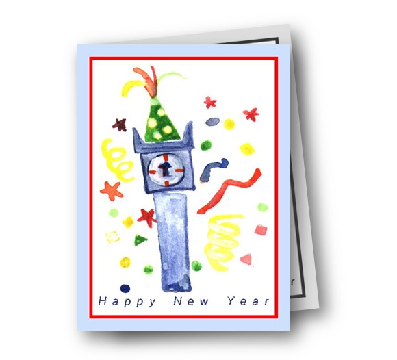 新年贺卡图片手绘大本钟可打印新年贺卡制作的模版免费下载