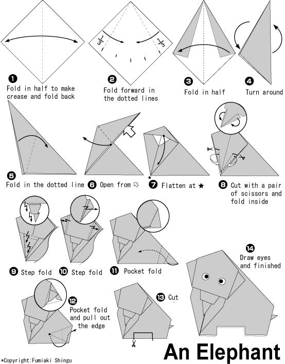 手工折纸大象的基本折法教程展示出折纸大象是如何进行制作的