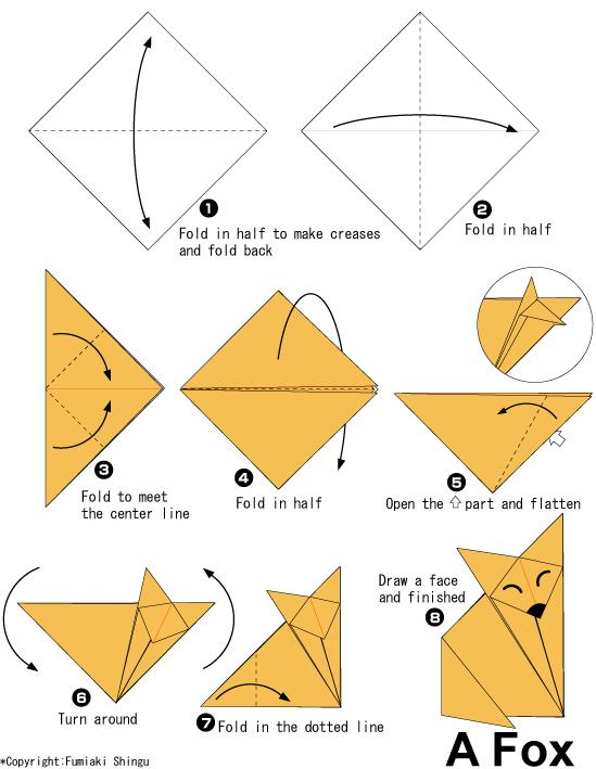 手工折纸狐狸的基本折法教程展示出折纸狐狸是如何制作的。