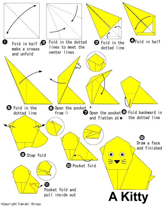 手工折纸小猫的基本折法教程展示出折纸小猫是如何通过折纸的方式进行制作的